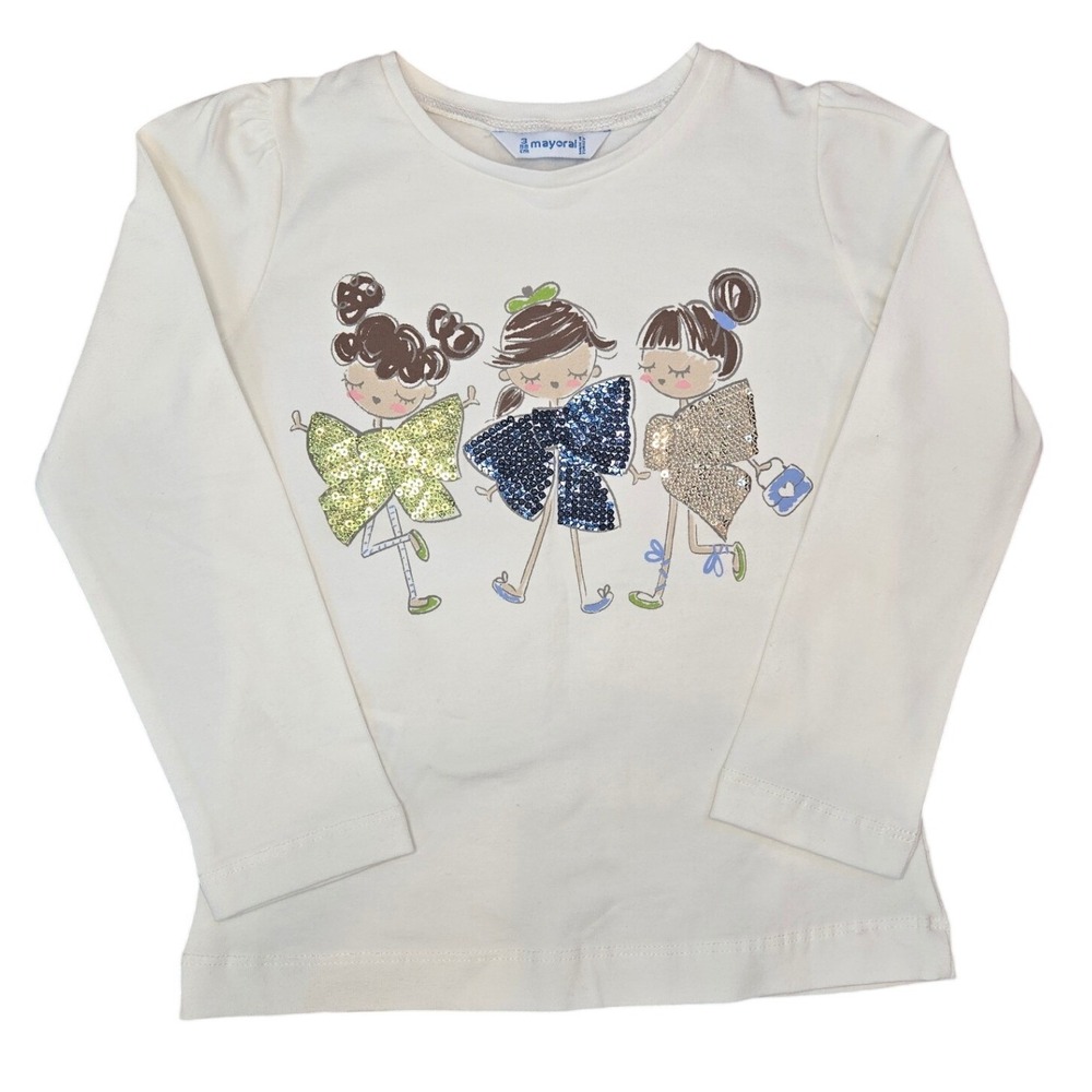 Mayoral Toddler Girl Long Sleeve Top Shirt White Cream Cotton Doll Sequin Bow 3T